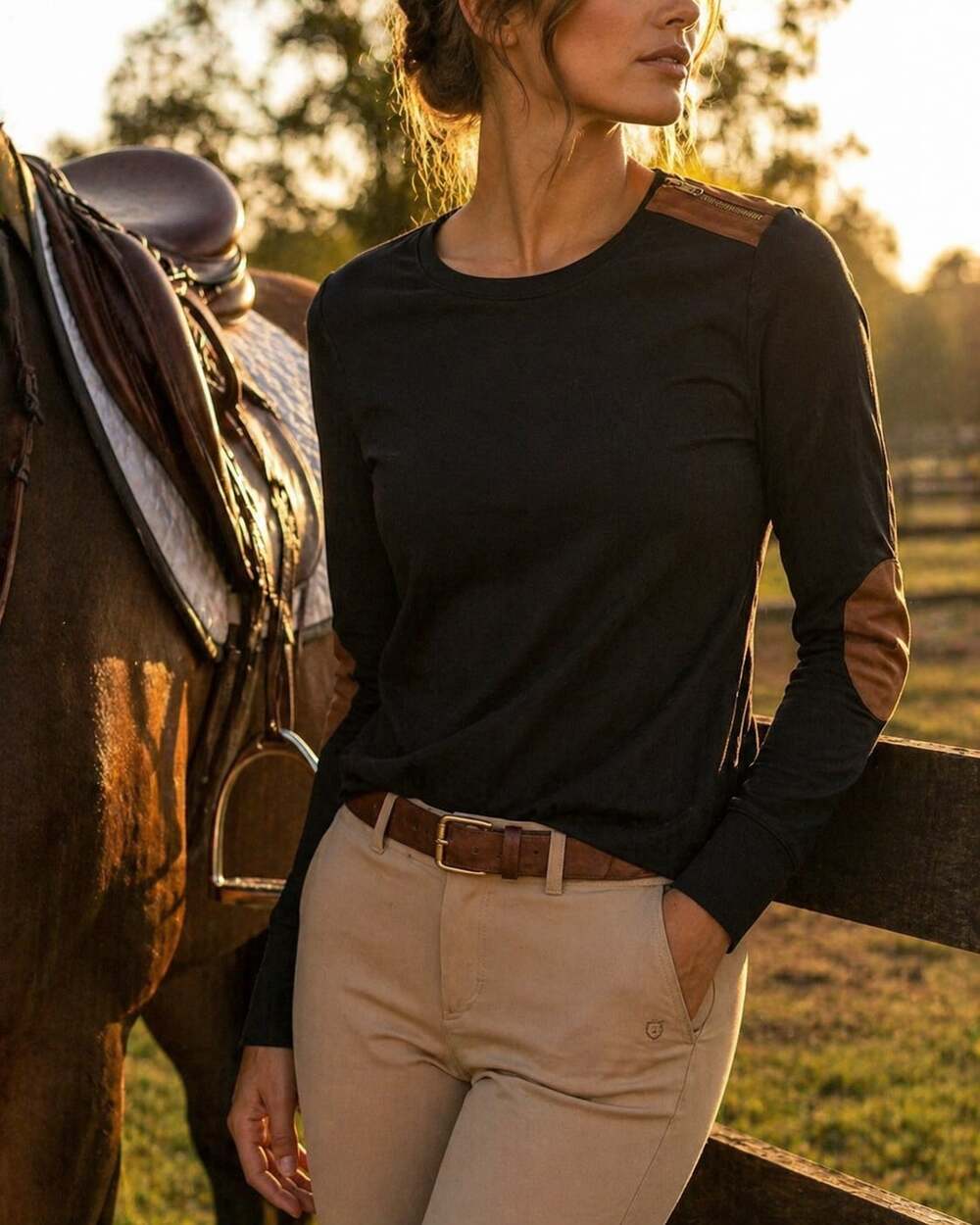 Ralph Lauren LRL Black Equestrian Zip Shoulder Elbow Patch Top XL Preppy Old Mon